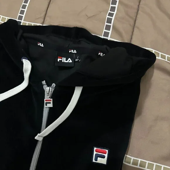 Fila Velour Hoodie 1/4 Zip Pullover Sweatshirt Black - Picture 5 of 6